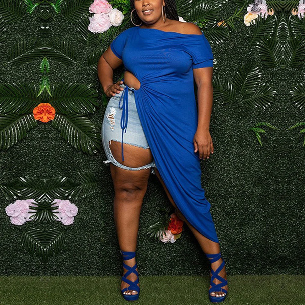 

4XL 5XL Plus Size Dresses for Women Asymmetric Drawstring Short Sleeve Ankle Length Oversized Ladies Large Dress Vestidos Mujer