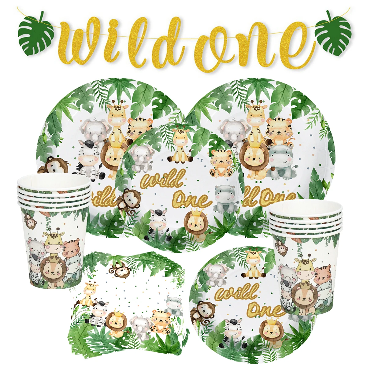 

Wild One Jungle Animal Disposable Tableware Safari Birthday Party Decor Baby Shower One Year 1st Jungle Birthday Party Supplies