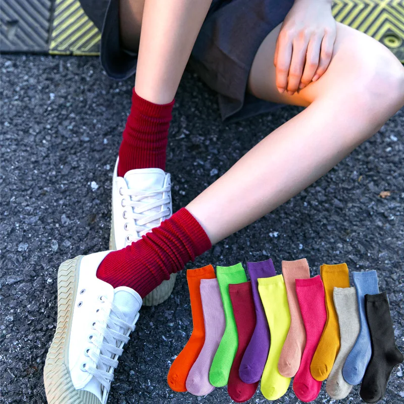 

Cute Japanese Solid Color Woman Socks Fashion Candy Color Women's Socks Breathable Cotton Skateboard Girl Stretch Mid Tube Socks