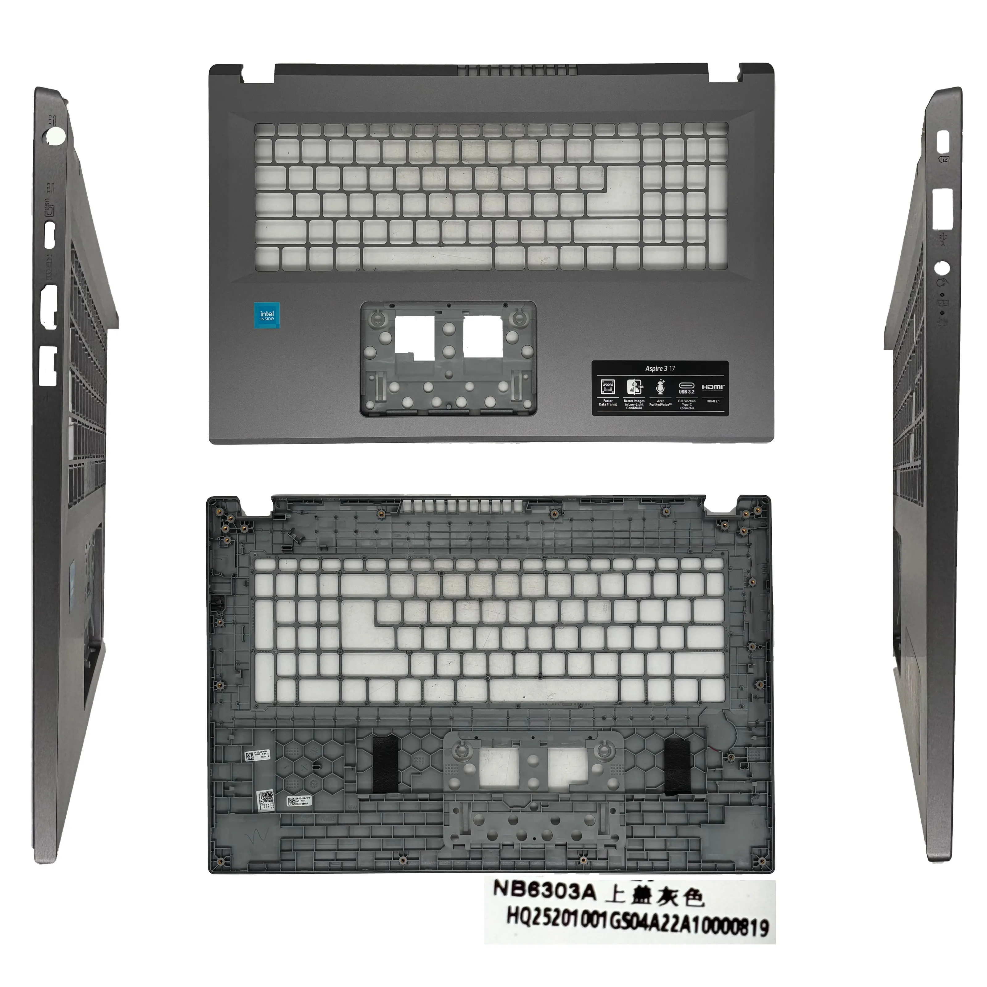 Фото Подходит для ноутбука Aspire 5 17 A517-58M-36HF N23H6: задняя крышка ЖК-экрана, передняя панель, подставка для рук, нижняя часть корпуса, петли ABCD, серый цвет. №5