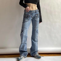 ladies street trend tooling style hot girl jeans ins pocket personalized design zipper stitching low waist flared pants