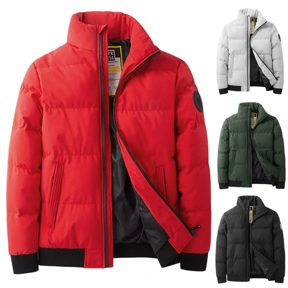 

Stylish Winter Coat Pockets Men Cotton Coat Solid Color Plus Size Men Winter Coat Keep Warm