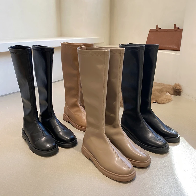 

Round Toe Women Knee High Heels Black Grey Martin Boots 2022 New Arrivals Party Wedding Pumps Flat Heeled Winter Autumn Boots