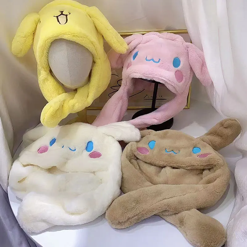 

Kawaii Keep Warm Cinnamning Plush Hat Moving Ears Up Cartoon Cosplay Bunny white dog Head Ornament For Kids Gift Lolita Girl