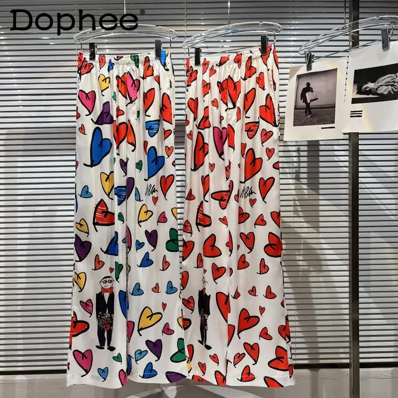 

2022 Summer New Loving Heart Draping Silk Elastic Waist Beach Pants Women Loose Oversized Comfortable Casual Wide Leg Pants Tide