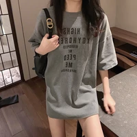 women spring vintage letter print t shirts summer new fashion tops mid length o neck loose casual tees grey white basic t shirt