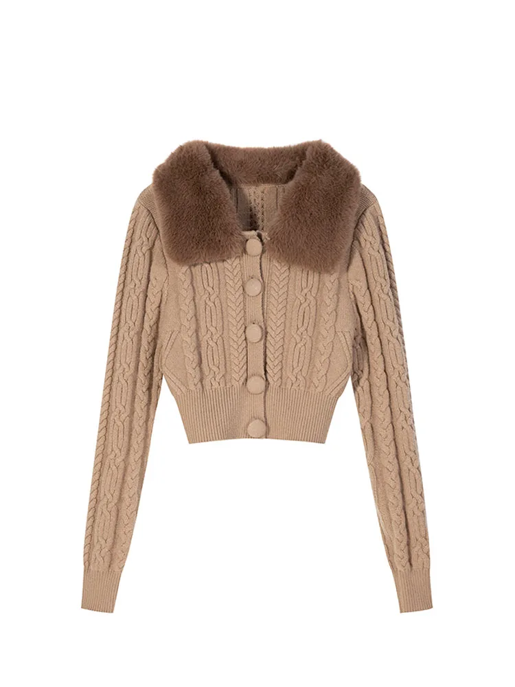 

2022 Women Patchwork Solid Color Short Knitwear Vintage Plush Lapel Knit Cardigan Coat Lady Single Breasted Design Sweater Cozy