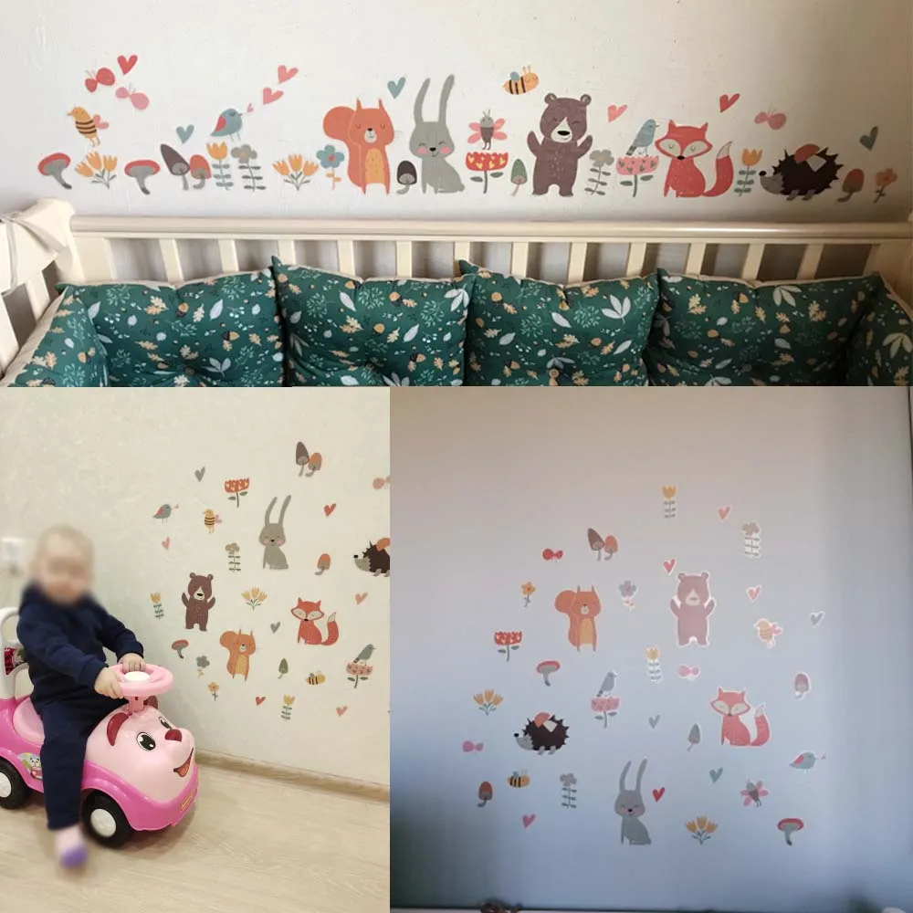 

Cartoon Forest Animal Party Wall Stickers Rabbit Fox for Kids Rooms Baby Bedroom Decor Mural Home Decals Combination Wallpaper