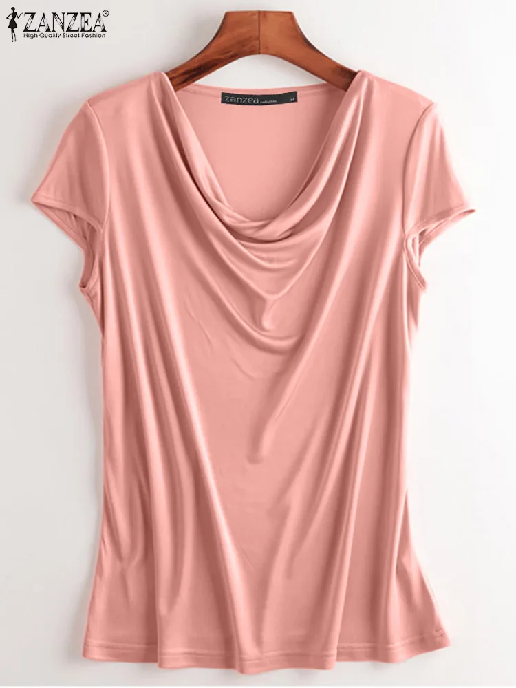 

Женские летние топы с коротким рукавом, повседневная Офисная женская футболка, элегантная однотонная Свободная блуза ZANZEA, женские топы бол...