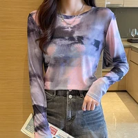 korean autumn t shirt women mesh fabric office lady thirt shirt newspaper pattern femme vintage purple women clothes