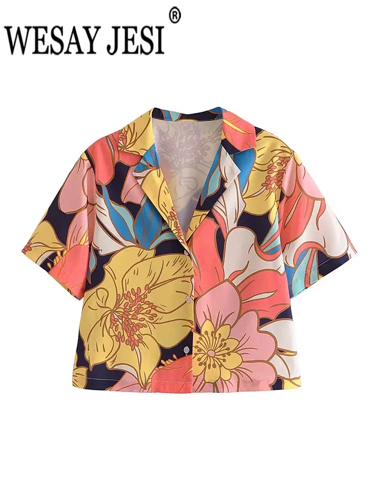

Летняя рубашка WESAY JESI, топы, Повседневная однобортная Женская одежда с коротким рукавом и цветочным воротником, свободная Праздничная Примо...