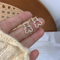 cute rhinestone pearl bear stud earrings fashion minimalist designer small ear new trendy korean style jewelry for women girls