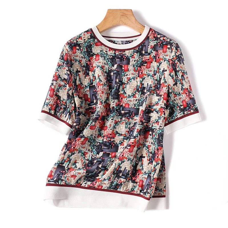 

Summer Short Sleeve Women's T-Shirt New O-Neck Fashion Breathable Print Satin Top