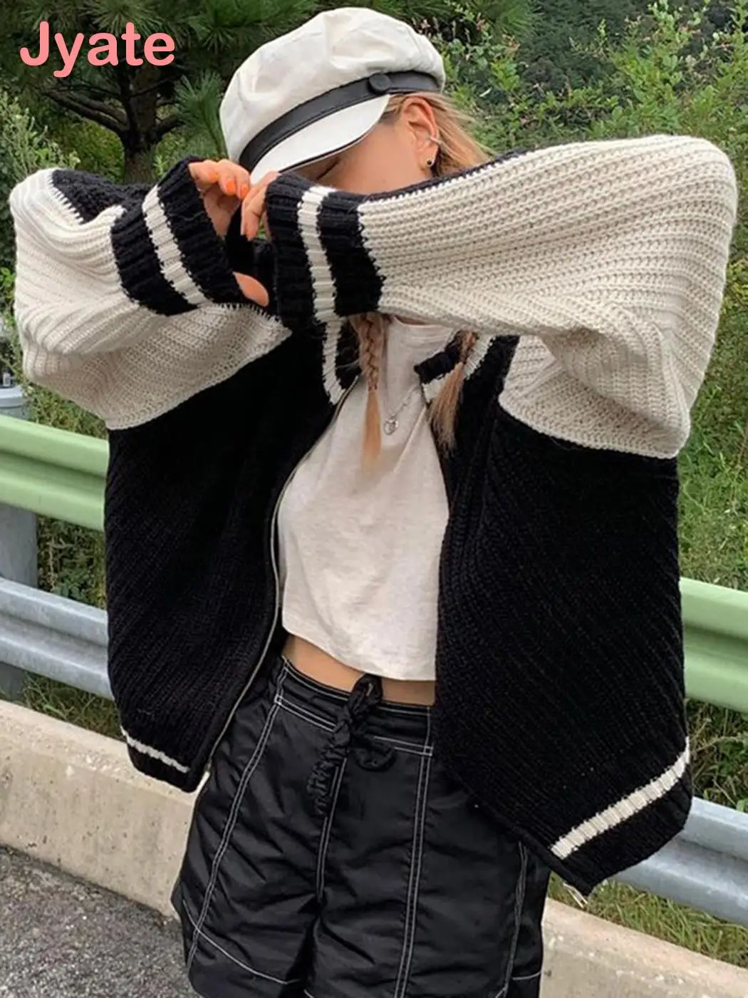 

Jyate зимние вязаные свитера на молнии Цветные Лоскутные Теплые повседневные уличные корейские базовые свободные кардиганы Y2k преппи ткань