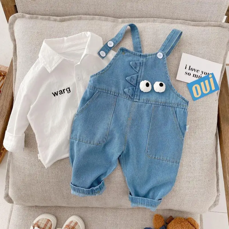 

Children Girl Cute Cartoon Eyes Denim Overalls Kid Casual Loose Pants Boy Soft Simple Jeans Big Pockets Sling Trousers