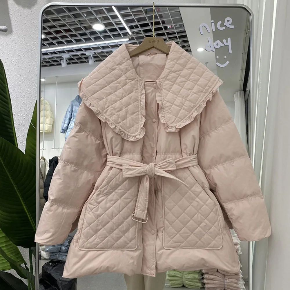 Korean Women's Down Jacket 2022 Winter Mid-Length Quilted Coat Lace Up Slim Puffer Coats Female Outerwear With Belt