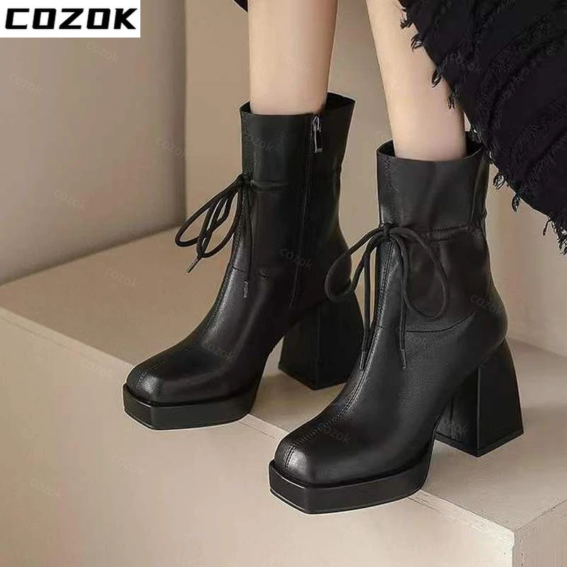 Women Shoes Ankle Boots Shallow Zip Boots Chunky Pumps High Heels Boots Women Dress 2022 Bow Fashion Designer Goth Ladies Shoes