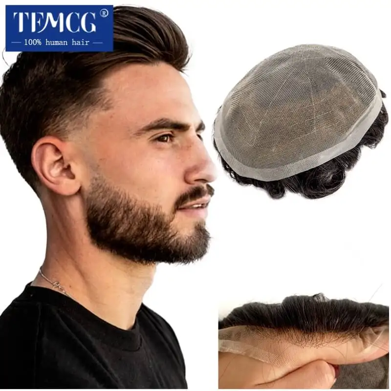 Full Lace Men Toupee French Lace Natural Hairline 100% Human Hair  Wigs For Men Breathable Extension Hair Replacement System