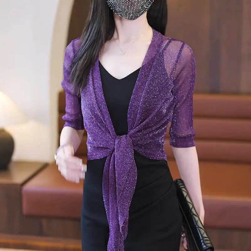 Кардиган женский тонкий из газовой ткани модная однотонная яркая накидка с