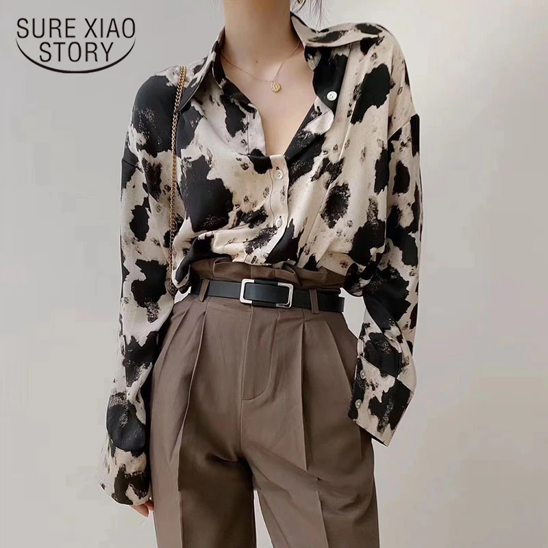 Cow Print Button Up Shirts Women Long Sleeve Blouse Korean Fashion Loose Clothes Chiffon Shirt Streetwear Tops Spring New 13486