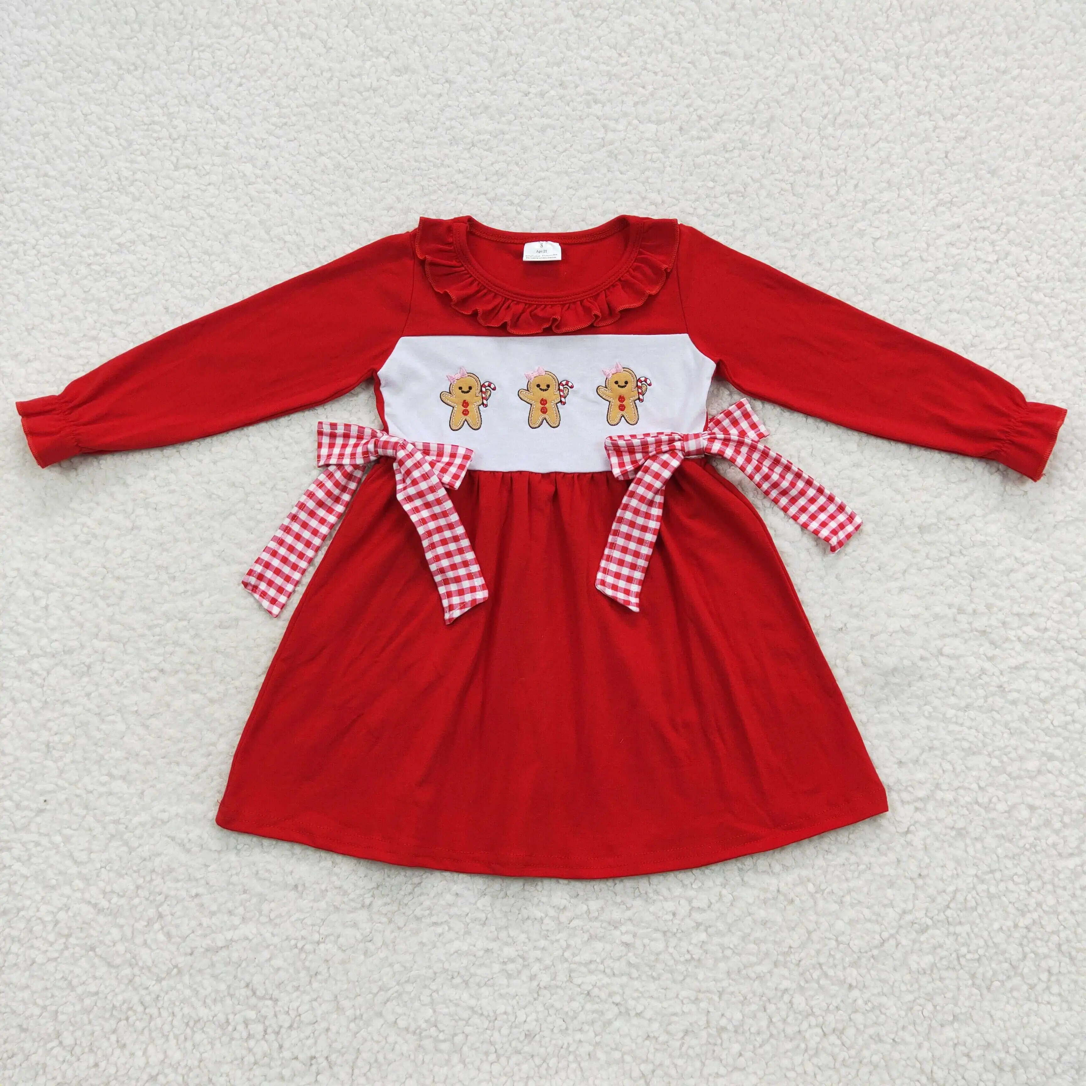Wholesale Kids Baby Fashion Girl Red Christmas Gingerbread Man Boutique Pattern Embroidery Long Sleeve Dress Made Milk Silk