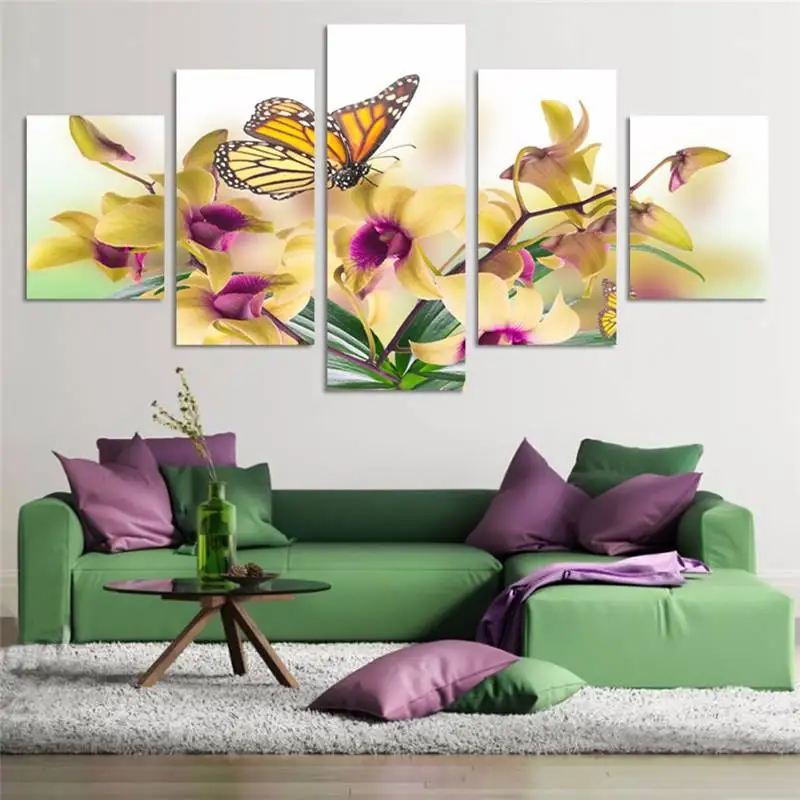 

Home Decoration For Kids Room Framework 5 Panel Yellow Flowers Orchid Canvas Artwork Print Modular Painting Poster Wall Pictures