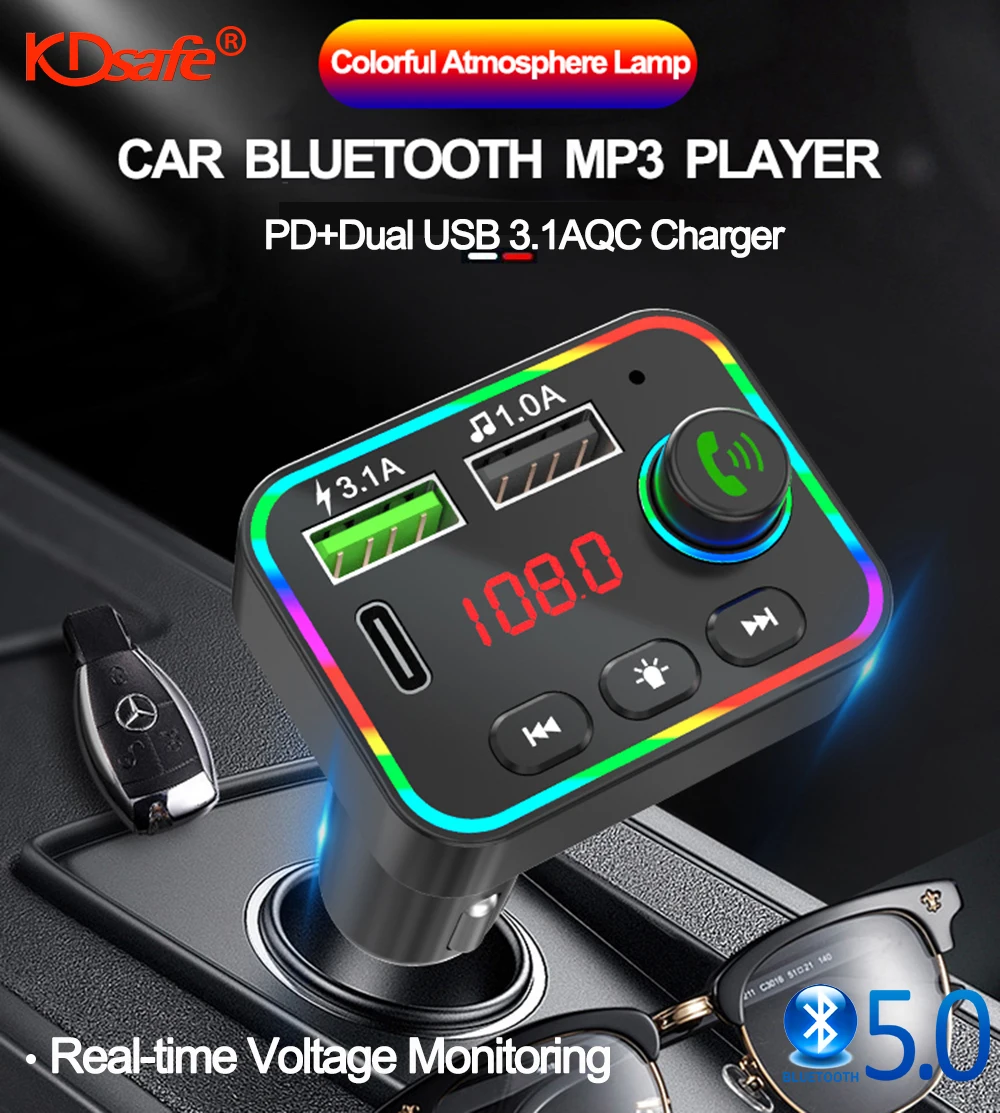 

KDsafe PD+Dual USB 3.1A Car Charger Bluetooth 5.0 Wireless Car kit Handfree BATT Monitor Colored light FM Transmitter MP3 Player