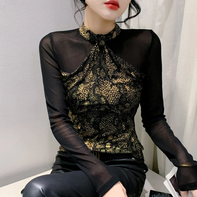 Осенняя уличная футболка для женщин сексуальная рубашка с высоким воротником и