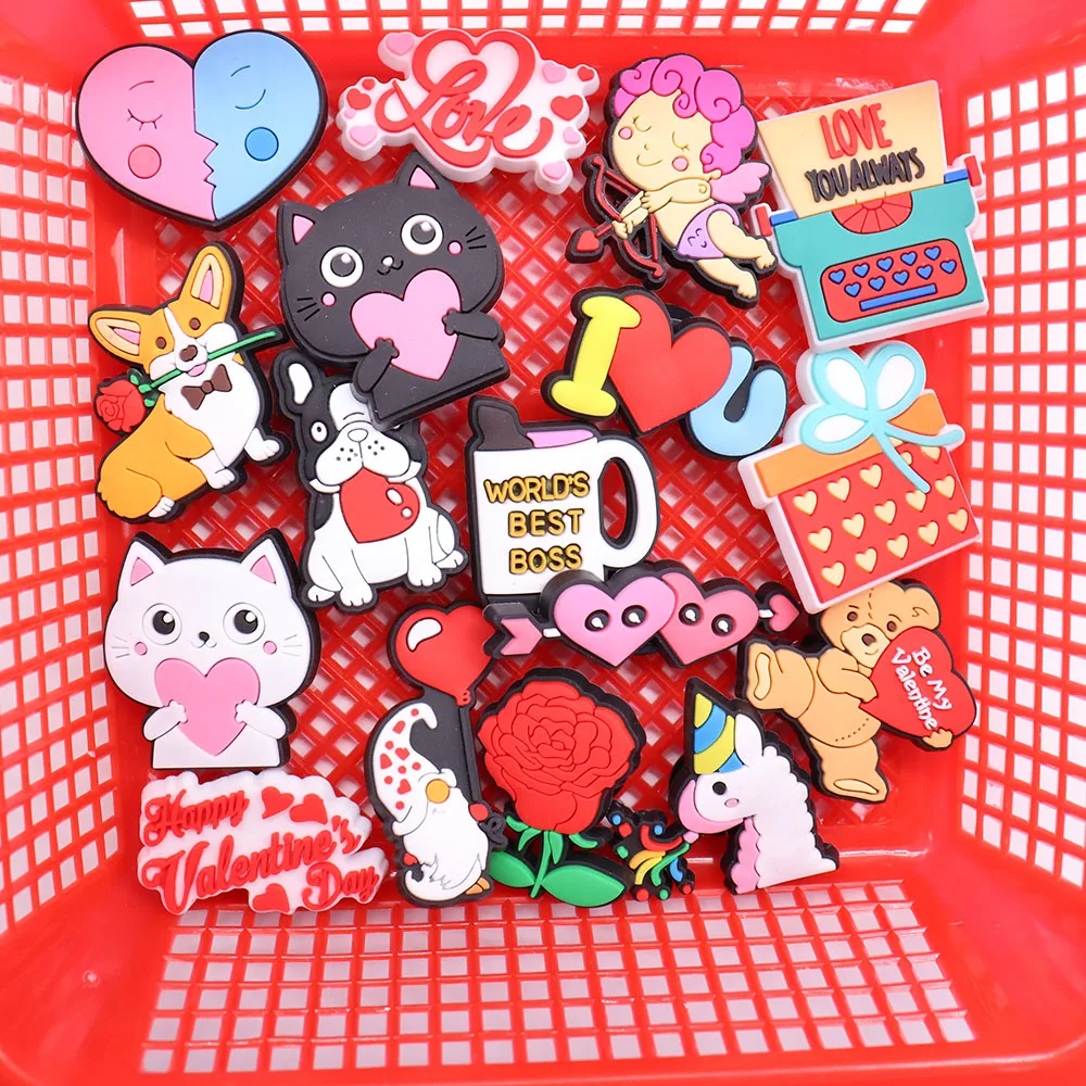 

1Pcs Rose Flower Heart Valentines Box Gift Dog Cupid's Arrow Shoes Charms PVC Buckle Clog Decorations DIY Croc Jibz Wristbands