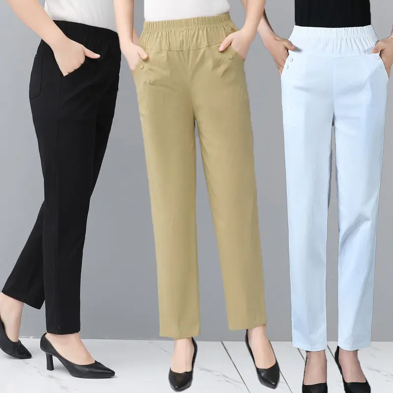 

Spring Summer Casual Middle-aged Women's 2023 Solid Color Mother Straight Pants Female Thin High Elastic Waist Trousers Q225