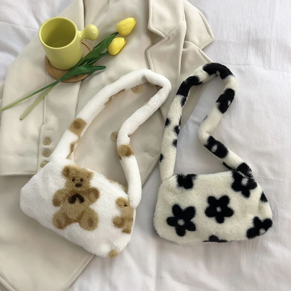 

Women Shoulder Underarm Bag Bear Print Flower Print Plush Cute Plush Shoulder Bags for Girls Winter Autumn Handbags for Women