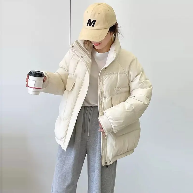 New Women White Duck Down Jacket Stand Collar 2023 Autumn Winter Outwear Casual Loose Fashion Warm Coat Down Coat Jackets M22