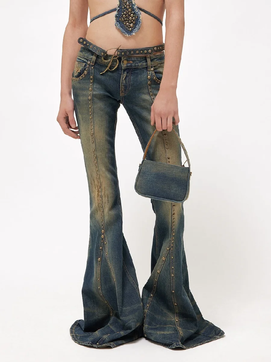 

2023 Women's Jeans Trend Faux Beaded High Waist Slim Women's Flared Pants y2k Clothing New Fashion High Quality Trousers traf