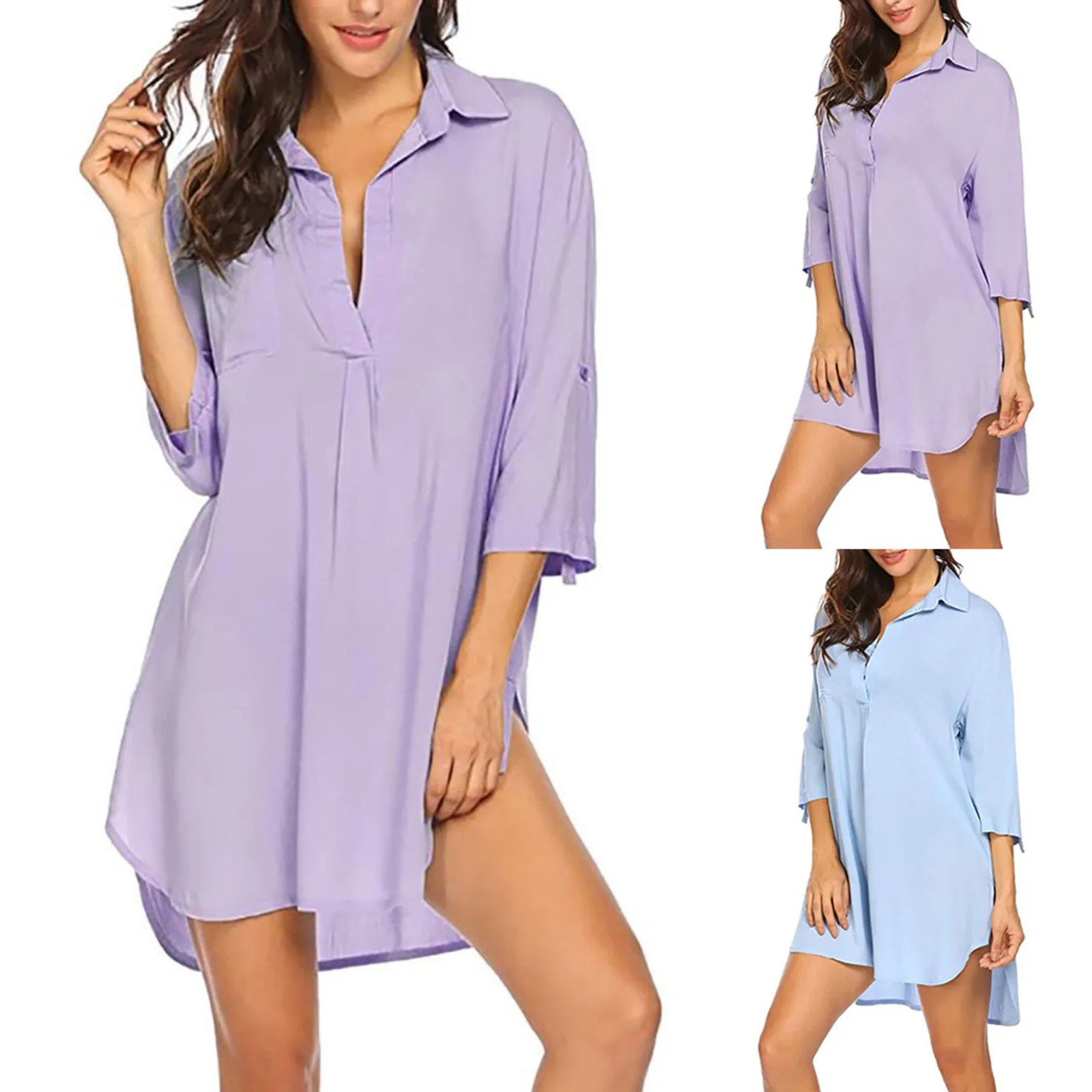 

Женское платье-рубашка с поясом, свободное пикантное однотонное платье с рукавом три четверти, новинка на лето