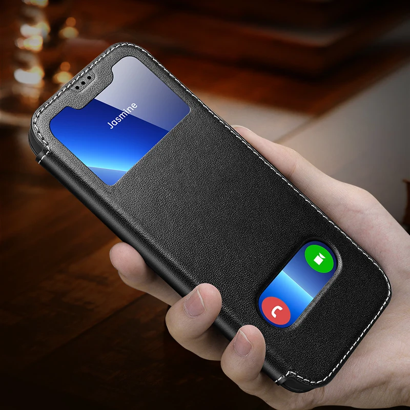

Чехол-книжка из натуральной кожи с окошком для iPhone 13 Pro 12 11 Pro Max X XR XS 7 8 Plus
