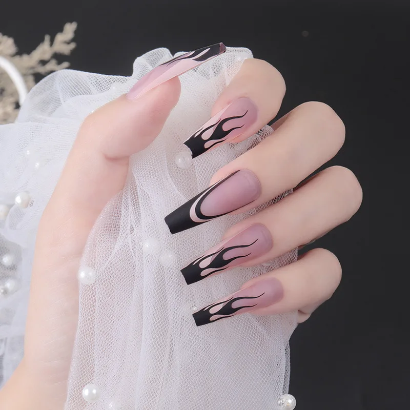 

24PCS Black Flames Nail Patch Durable And Breathable Shiny Bow Sweet Style Removable Long Paragraph Manicure Glue Type False