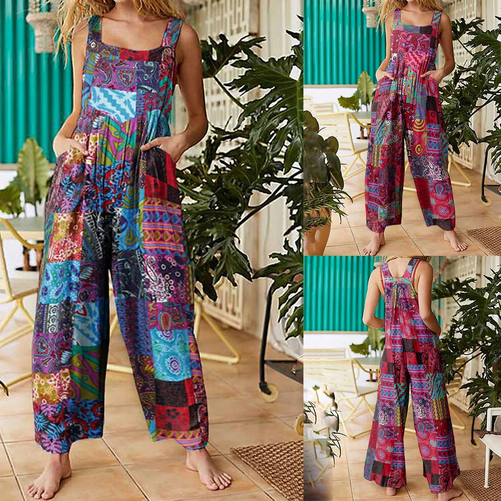 Women Jumpsuits Summer Overalls Multicolor Ethnic Style Square Neck Sleeveless Casual Rompers with Pockets for Girls Playsuit