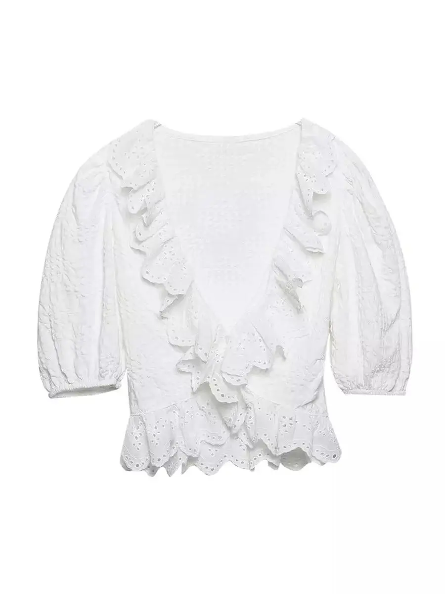 

Beach Style Solid Short Puff Sleeve Ruffles Summer Short