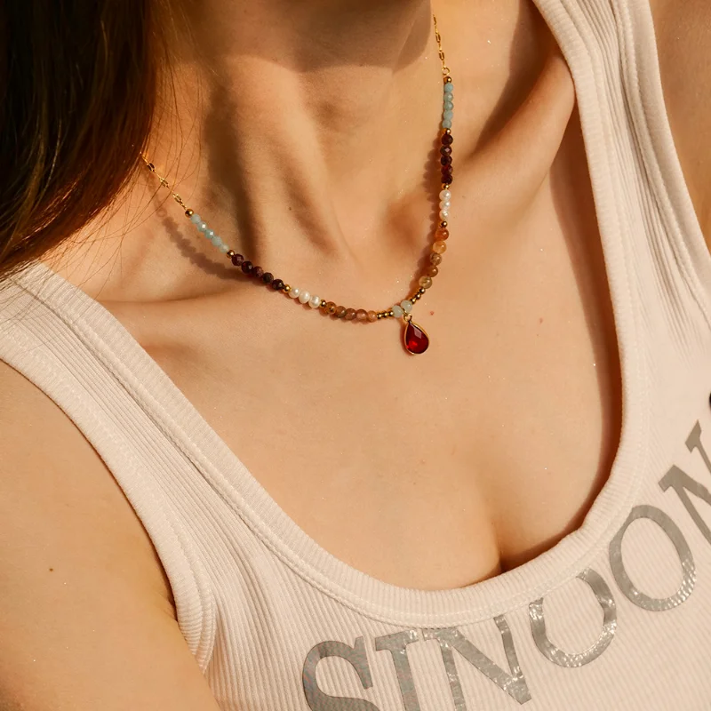 

Minar Handmade Colorful Natural Stone CZ Zircon Water Drop Pendant Necklaces for Women 18K Gold Plated Stainless Steel Choker