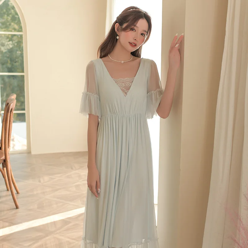 Princess style nightdress women's long sweet palace style lace pajamas ночная рубашка sexy nightwear