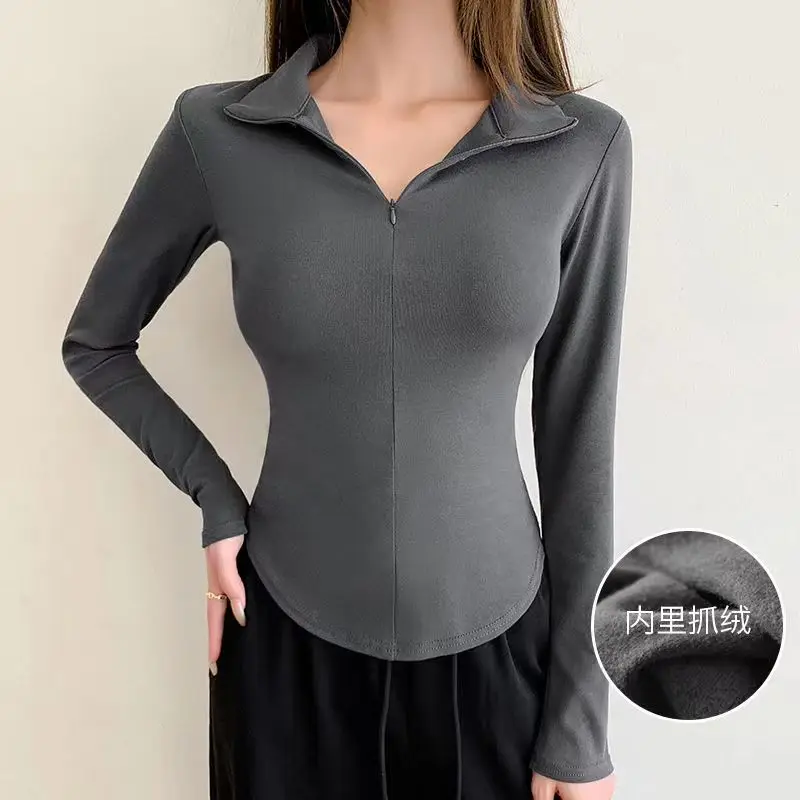 

Polo-neck Long Sleeve Gray T Shirt Vintage Low-cut Zipper Up Skinny Tops Autumn Plush Warm Casual Women T-shirts Undershirts