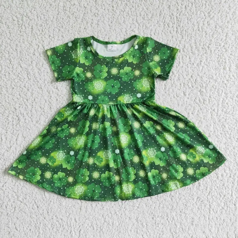 St. Patrick's Day Kid Clover Dress Baby Girl Short Sleeve Green Clothing Wholesale Babe Fashion Children Toddler Holiday Clothes
