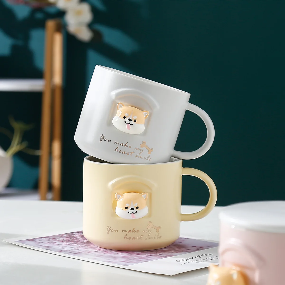 

3D firewood dog Mug cute cartoon ceramic cup Akita dog mugs with lid spoon student office home water cups couple кружки