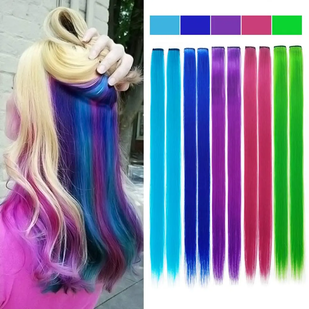 Hair Clip In One Piece Hair Rainbow Hair Streak Pink Synthetic Hair Strands Hair Extensions For Girl