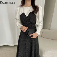 koamisa fashion woman fake two pieces maxi dress long sleeves o neck bodycon party dresses elegant office lady korean vestidos
