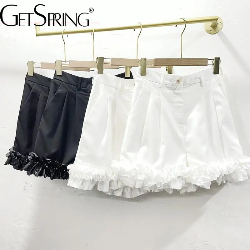 

GetSpring Women Shorts Black White Lace High Waist Shorts Skirts 2022 Summer New Fashoin All Match Ladies Shorts High Quality