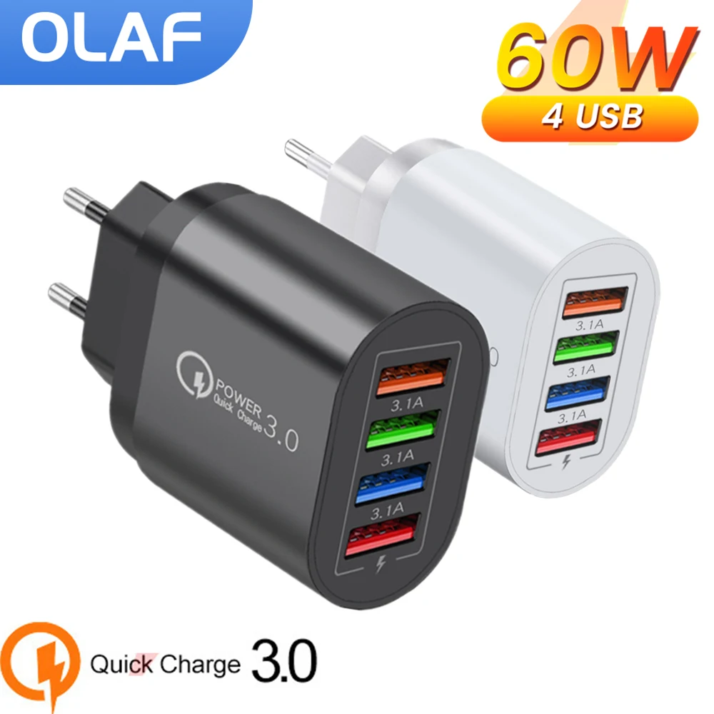 Olaf USB Charger 4 Port 60W 3.1A Quik Charge 3.0 Mobile Phone Charger For iPhone 11 Samsung Xiaomi Poco f3 Fast Wall Chargers