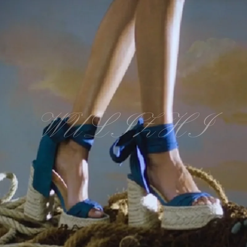 Orange Platform Espadarille Ankle Straps Sandals Thick Heel Cloth Belt Open Hollow Blue Denim Strap Riband Slingback Casual Shoe