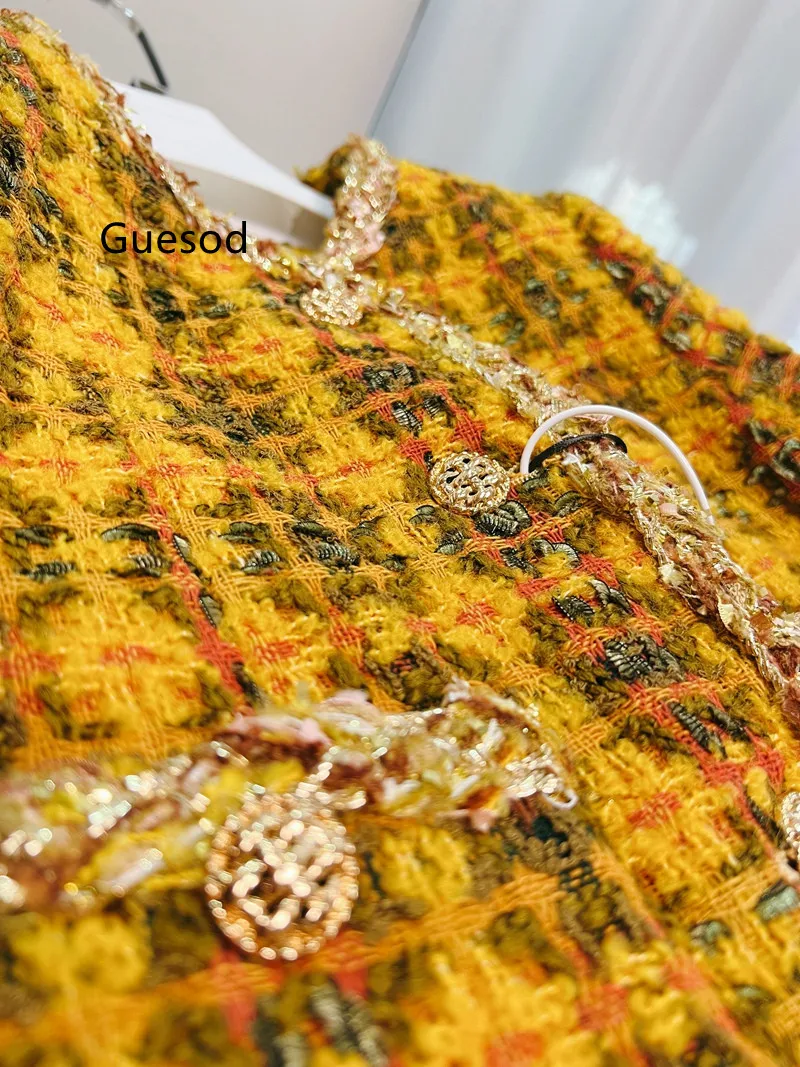 

Women Yellow Wool Coat French Vintage Elegant Woolen Outerwear Ladies Yellow Plaid Top Quality Outwear Spring Autumn Top Female