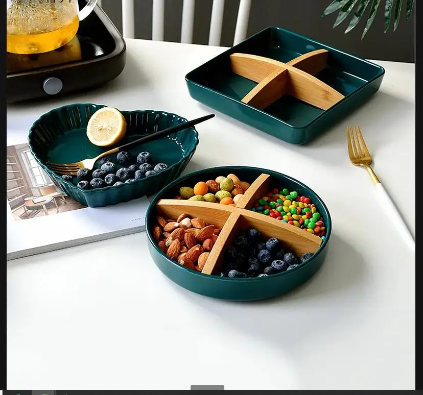 Зеленая керамическая тарелка с фруктами 4 сетки сушеные тарелки поднос для